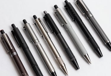 Close-up of a finely laser-engraved pen resting on a wooden desk with soft natural light.