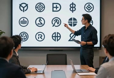 A designer presenting a series of logo variations on a large screen to a client in a modern North American boardroom.