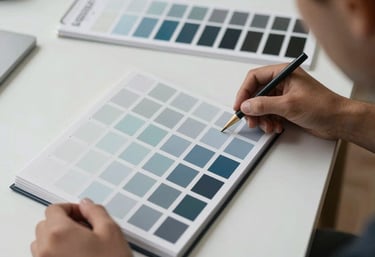 A designer at a white desk in a North American studio using a color swatch book to select precise shades of gray-blue for a client's branding project.