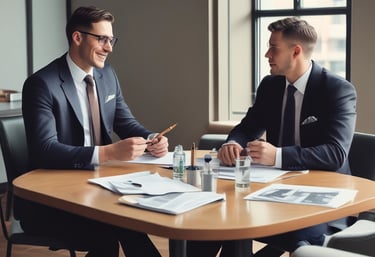 Light green-themed image of a small group engaged in a positive business discussion around a table.