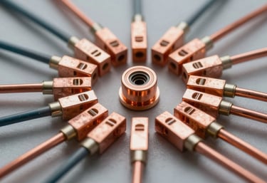A macro shot of high-quality electrical copper components and fiber optic cables arranged in a geometric pattern, symbolizing advanced technology, Spanish / Global.