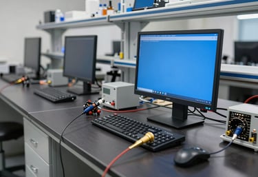 A clean and modern laboratory-style room in a Spanish scrapyard where electronic components of cars are being tested. Dark charcoal workbenches with steel blue monitors and gold-tipped electrical probes.