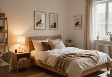 A softly lit bedroom corner styled with pastel cushions, delicate fairy lights, and a small DIY vase on a white desk.