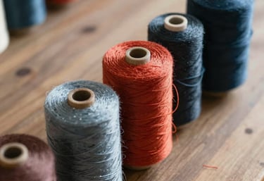 Hands selecting yarn samples in a bright, organized textile warehouse.