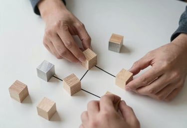 An overhead shot of a person mapping out a strategy with small wooden blocks on a white desk. Minimalist, organized, and focused. Tones of charcoal and silver.