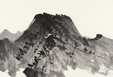 A minimalist Japanese ink painting (Sumi-e) of a mountain peak. High contrast black and white with a touch of gray. Powerful and simple.