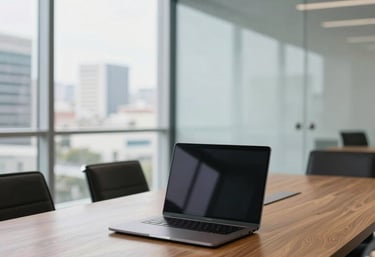 A bright and minimalist corporate meeting room in a Brazilian city with glass walls and a clean wooden table. A single high-end laptop is open on the desk. The style is sophisticated and reflects professional clarity.