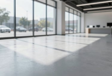 A sunlit commercial showroom featuring a mirror-finish epoxy floor in light gray. Large windows reflect in the floor, symbolizing speed and a bright future for the space.