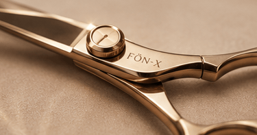 Professional rose gold hair cutting shears with Fon-X branding and adjustable tension screw.