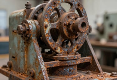Close-up of handheld laser cleaning device gently removing rust from steel beam on a construction site.