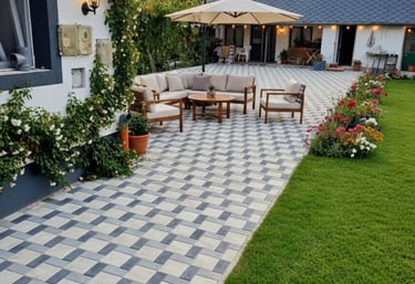 Curte modernă amenajată cu pavaj Parchet, zonă de relaxare cu mobilier și zonă verde