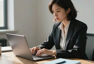 A focused professional in a minimalist French office, using a laptop with soft morning light and a light blue notebook on a wooden desk.