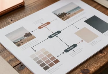 A close-up of a structured visual design roadmap and material moodboard on a rustic wood desk with warm copper and beige accents.