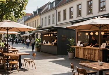 An open-air urban street food courtyard in Germany under beautiful natural morning light, clean contemporary layout with high-end rustic styling.