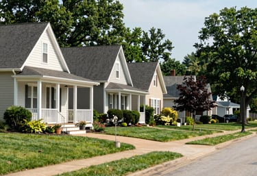 Photography of a peaceful, well-lit North American neighborhood street in Dayton, Ohio, showcasing clean curbs and beautiful suburban homes.