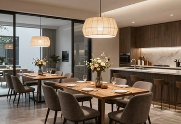 Cozy furnished living room with warm lighting and comfortable seating.