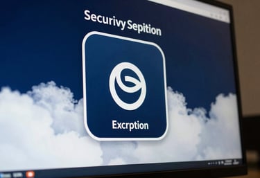 A close-up of a high-resolution display showing a secure encryption animation. The photography is sharp and professional, utilizing dark midnight blue and cloud white lighting in a North American / US corporate setting.