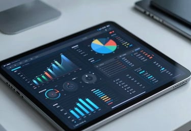 Close-up of a sleek digital tablet on a clean office desk, displaying complex data charts and digital transformation analytics, professional lighting, light blue accents.