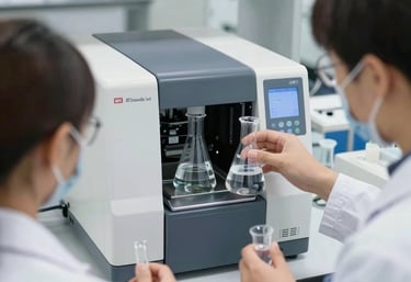 Laboratory scientists using a benchtop spectrophotometer to analyze chemical liquid samples in glass flasks.