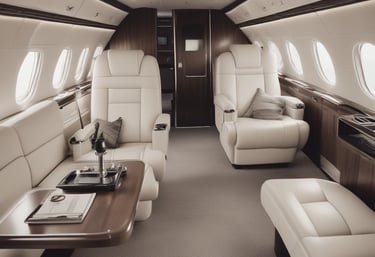 Interior cabin detailing with soft lighting highlighting leather seats and wood trim.