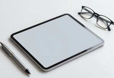 A flat lay of professional items on a light desk: a sleek tablet, a high-end pen, and a pair of spectacles. The arrangement is minimalist and professional, utilizing #4F6F8F and #F5F8FA.