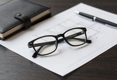 A professional still life on a dark wood desk featuring a pair of classic spectacles, a leather-bound notebook, and a set of architectural plans. The focus is sharp and the lighting is authoritative, using colors like #262626 and #595959 to emphasize serious planning and proven experience.