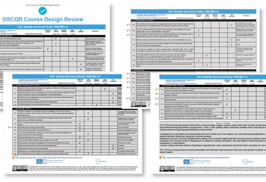 OSCQR evaluation report assessing a Brightspace course against SUNY quality review standards.