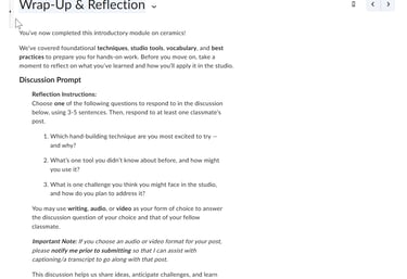 Brightspace discussion activity with reflection prompts and learner response forum.