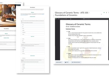 Course glossary and downloadable PDF guide presenting ceramics terms in accessible formats.