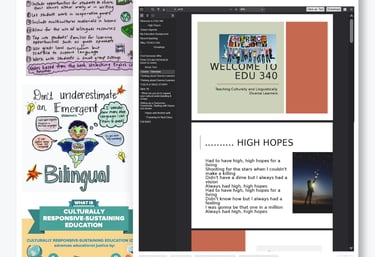 Brightspace Week 1 module with instructional content, announcements, and learning resources.