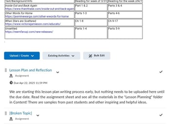 Brightspace module with assigned readings, instructional resources, and assessments.