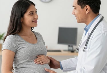Close-up of a medical professional performing a 3D fetal ultrasound in a bright, clean clinic.