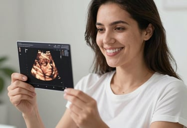 Pregnant woman consulting with an obstetrician in a modern, welcoming clinic environment.