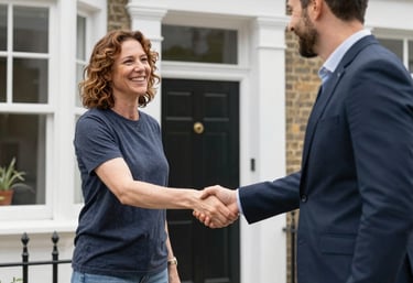 A friendly professional shaking hands with a happy homeowner outside a South London house white pers