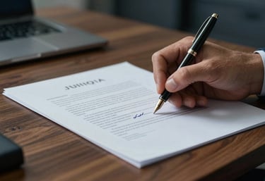Close-up of a person's hand signing a formal legal document with a fountain pen on a polished wooden desk in a Latin American office. Focus on the signature and paper texture. Dark blue grey tones.