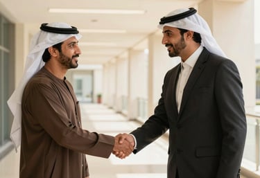 A professional photograph of two business partners in formal Middle Eastern / Gulf attire shaking hands in a bright, modern corridor of a professional building. Lighting is warm and encouraging.