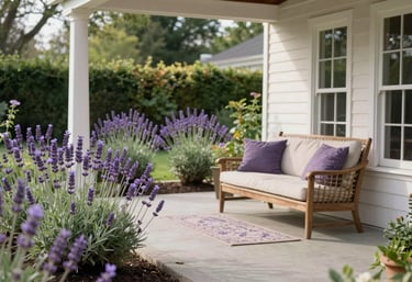 A serene garden view from a clean North American / US porch, featuring blooming lavender and comfortable seating, symbolizing peace and restoration.