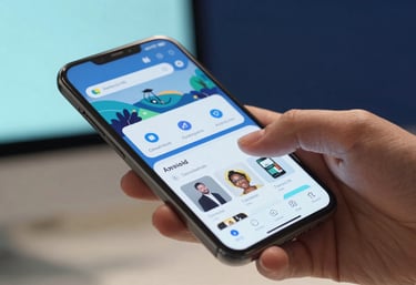A macro shot of a hand interacting with a sleek Android device screen, showcasing a clear and vibrant app interface. High-tech North American office setting with soft cyan and navy blue background tones.