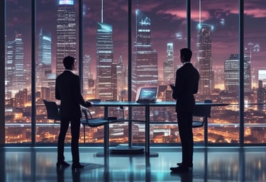 A professional consultant explaining AI strategy on a digital tablet in a dark-themed modern office.