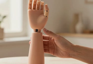 A skilled technician carefully shaping a custom prosthetic in a bright, modern workspace.