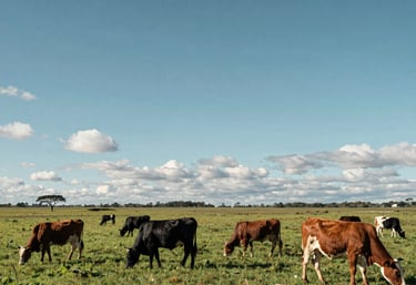 Vibrant South American pastureland with healthy livestock grazing under an expansive sky. The photo is taken from a low angle to emphasize the land's value and the legal foundation of property ownership.