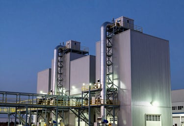 Modern industrial agricultural facility in Brazil, focusing on the clean architectural lines of a processing plant at dusk. The lighting highlights the metallic structures against a deep blue sky, symbolizing progress and legal order.