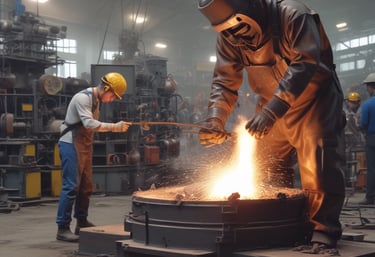Close-up of molten metal being poured into a casting mould under expert supervision.