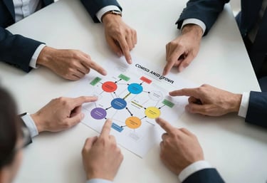 A top-down view of a professional North American / Canadian strategy meeting. Hands are pointing at a business growth plan and color-coded supply chain diagrams on a mist white table.