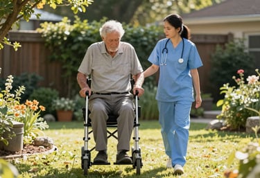 A nurse walking alongside an elderly man in a sunny North American backyard garden, demonstrating mobility assistance and companionship.