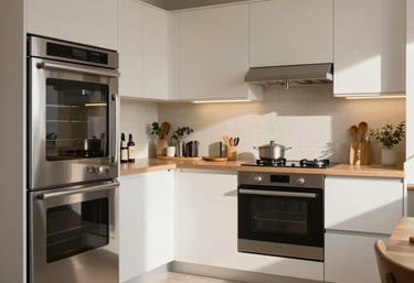 A wide, inviting shot of a clean and modern Spanish kitchen featuring high-end integrated appliances, reflecting a comfortable and perfectly maintained home environment.