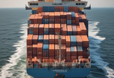 Cargo ship loaded with containers sailing across calm blue ocean waters.