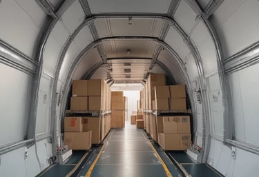 A delivery truck moving swiftly through a vibrant cityscape at sunset.