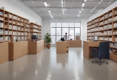 A friendly courier handing a package to a smiling customer in a bright, modern office.