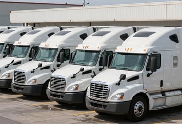 A fleet of clean white transport semi-trucks parked neatly at a North American / US logistics terminal after a full wash. Modern and pristine appearance.